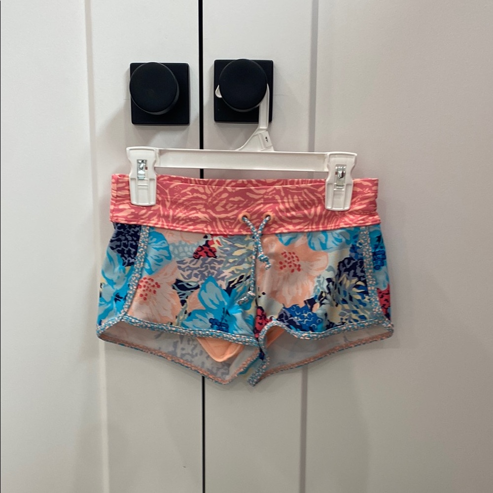 Pink and Blue Athletic Shorts with Vibrant Pattern
